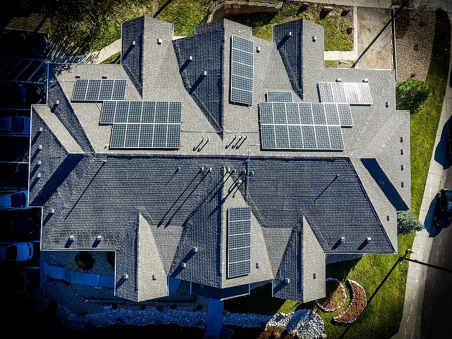 top-view photo, gray, concrete, house, architecture, solar, solar panels, energy, electricity, renewable
