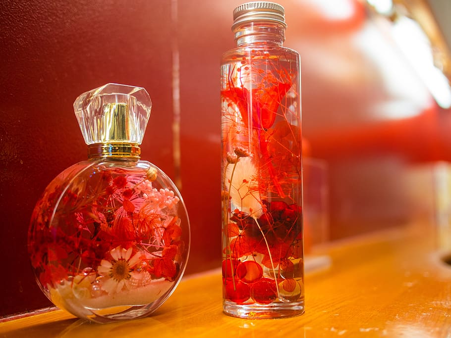 bunga-bunga, botol, daun bunga, merah, minyak, kosmetik, pijat, spa, alam, aromaterapi