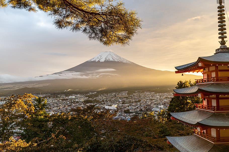 fuji, japan, volcano, mountains, sky, country japan, pagoda red, architecture, mountain, building exterior