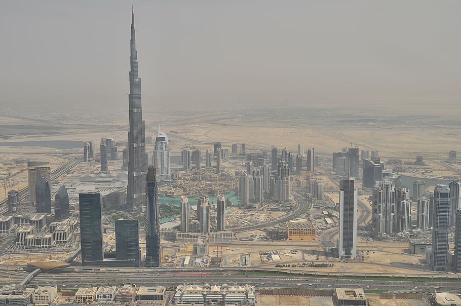 high, rise buildings, road, desert, daytime, burj, khalifa, dubai, aerial, view