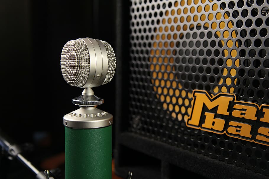 gray, green, microphone, front, speaker, blue, kiwi, studio, equipment, record