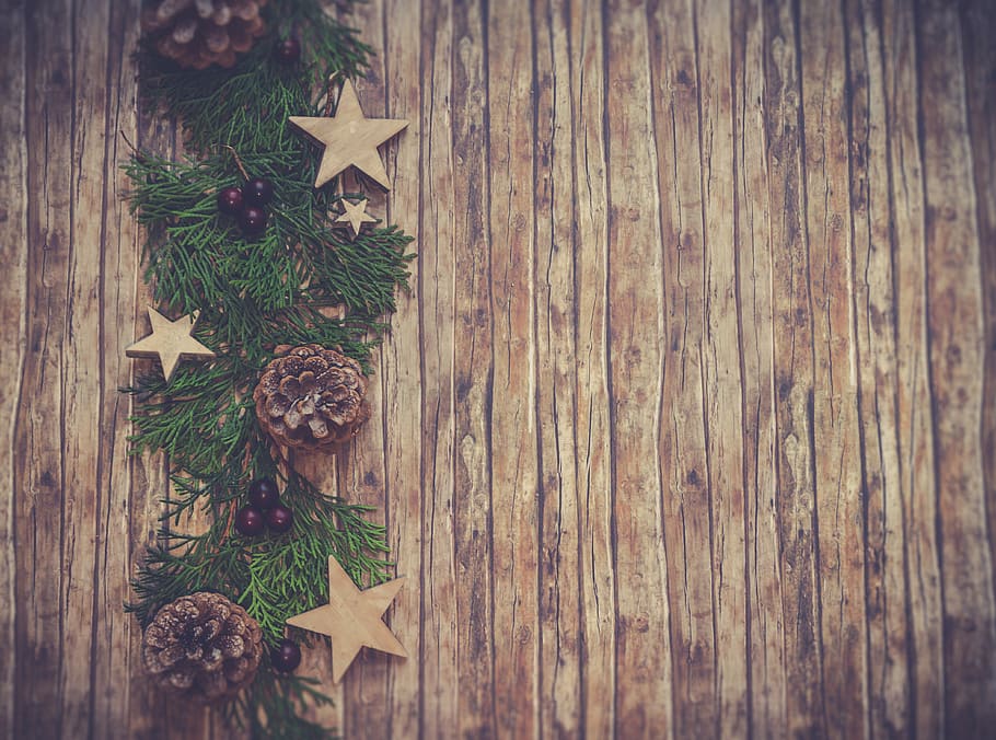 kayu, meja, hari Natal, deor, dekorasi, coklat, dekorasi Natal, kerucut pinus, kasar, pedesaan