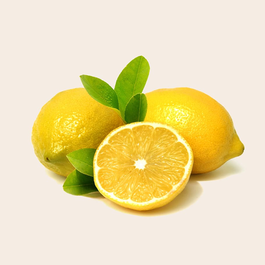 two, lemons, 1 slice, lemon, slice, fruit, health, citrus fruit, leaf, studio shot