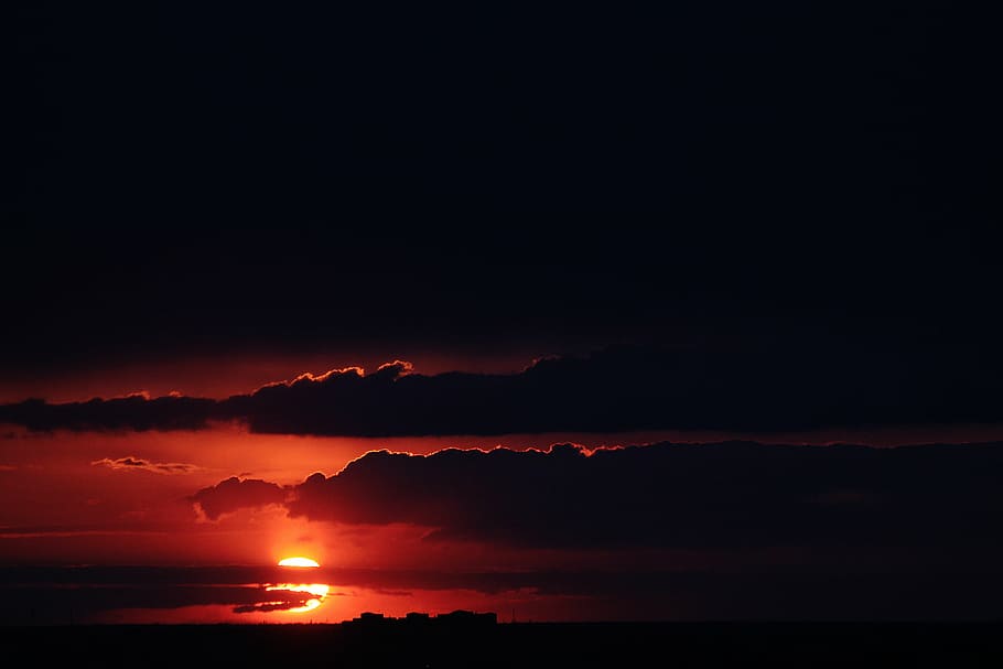 silhouette, clouds, sunset, sun, dark, orange, nature, sky, dusk, orange Color