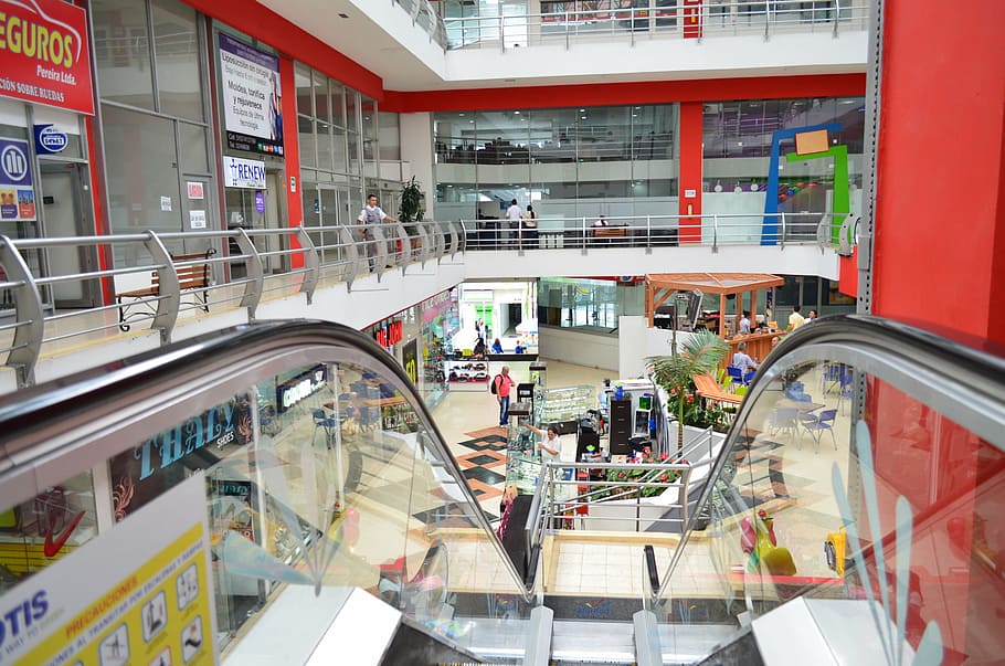 empty escalator, ladder, power, mall, pereira, red, trade, sales, alcides arevalo, shopping