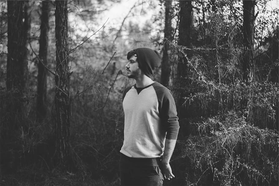 grayscale photography, man, forest, young, guy, fashion, clothes, toque, beanie, hat