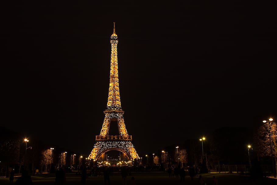 paris, a torre eiffel, tarde, piscando, luz, iluminação, destinos de viagem, noite, arquitetura, cidade