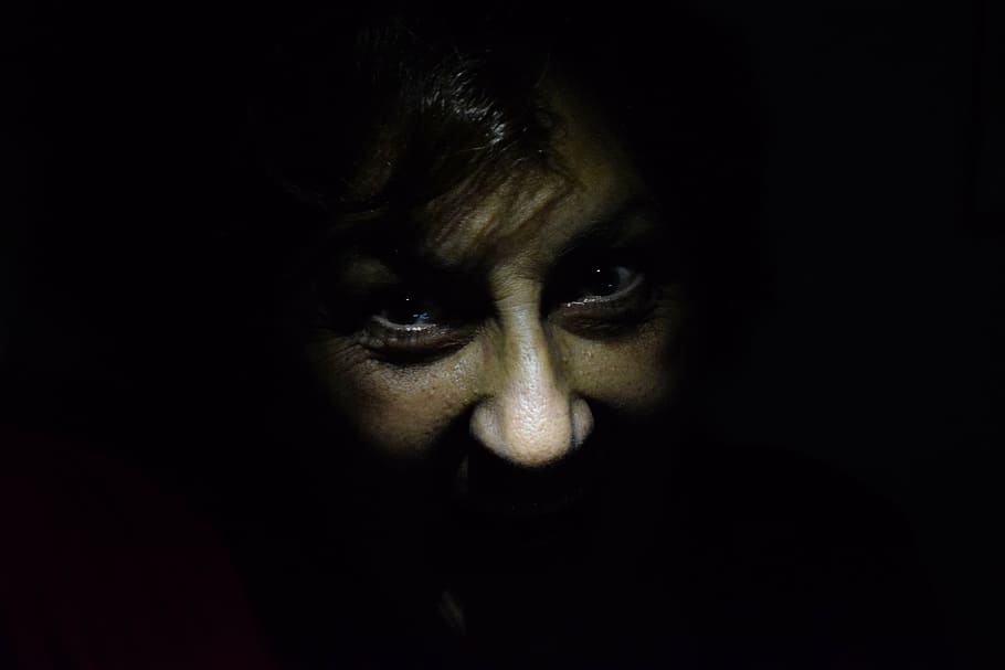 human face, darkness, fear, terror, face, eyes, anger, portrait, looking at camera, one person