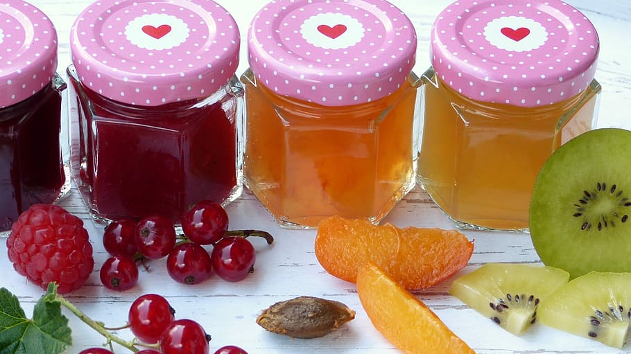 several, fruit juices, inside, clear, glass jars, jam, fruit, fruits, sugar, boil down