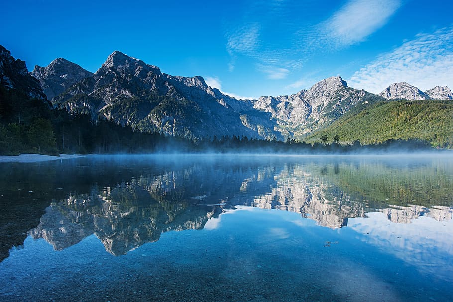 mountains, landscape, mirroring, reflection, water, alpine, blue sky, austria, almtal, small donation please
