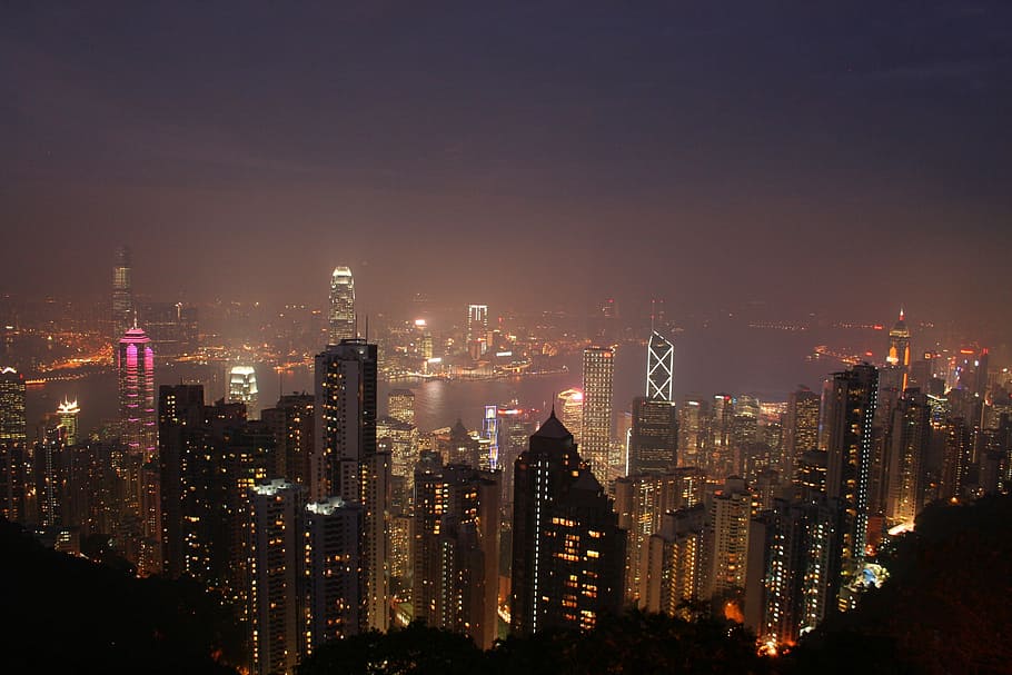 skala kota, malam hari, hong kong, china, asia, garis langit, lanskap kota, arsitektur, cina, pusat kota