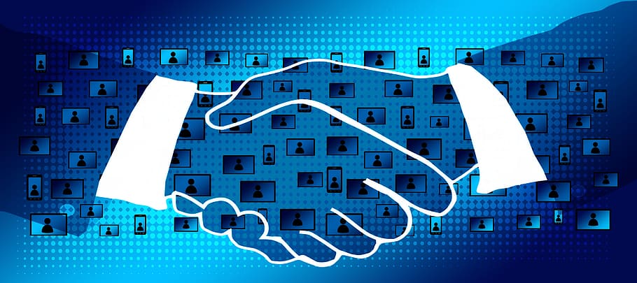 two, human, hands illustration, block chain, handshake, shaking hands, contract, data, records, concept