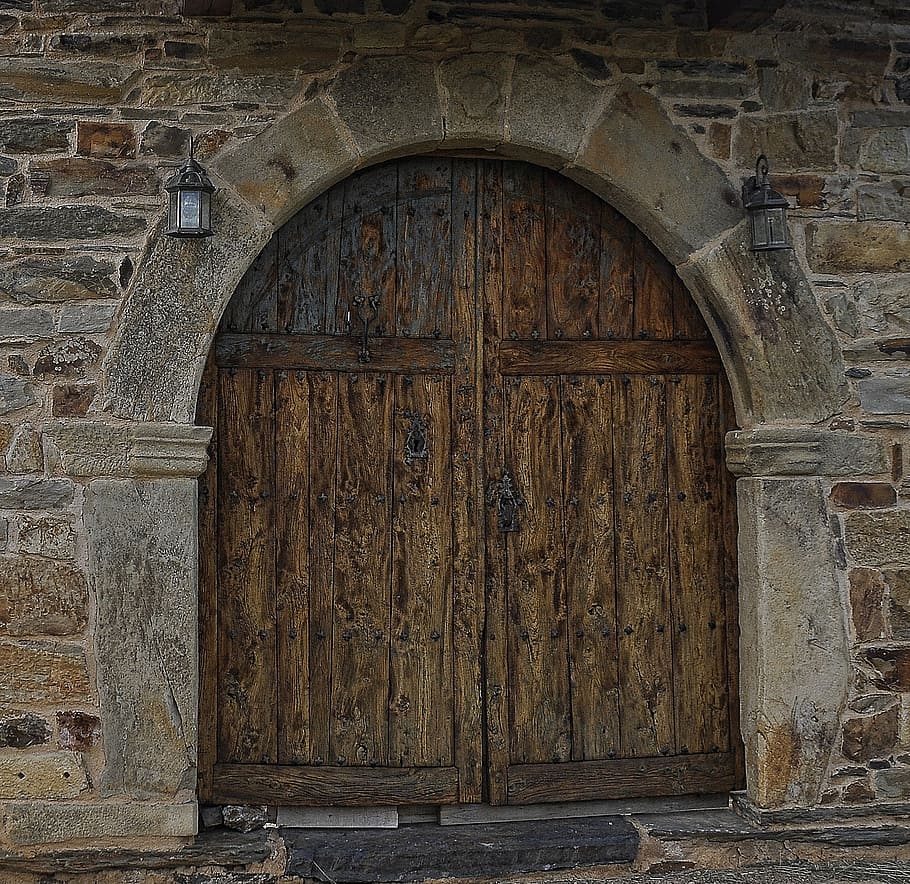 closed, brown, wooden, door, double doors, bare wood, entrance, exit, archway, arch