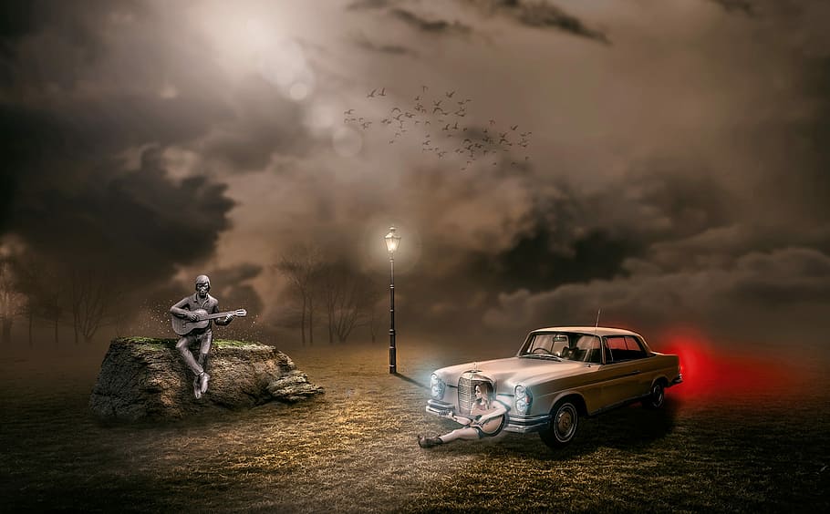 dos, persona, jugando, guitarras, foto de fondo de pantalla de automóvil, al aire libre, fumar, niebla, nubes, oscuridad