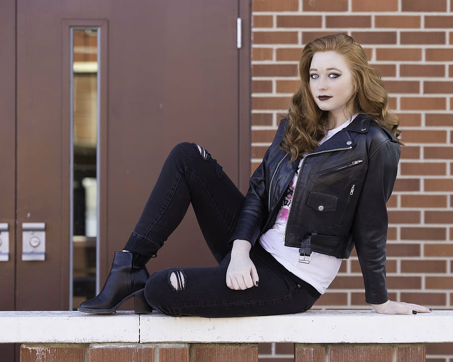 woman, black, leather jacket, sitting, railing, senior photography, model, portrait, girl, outside