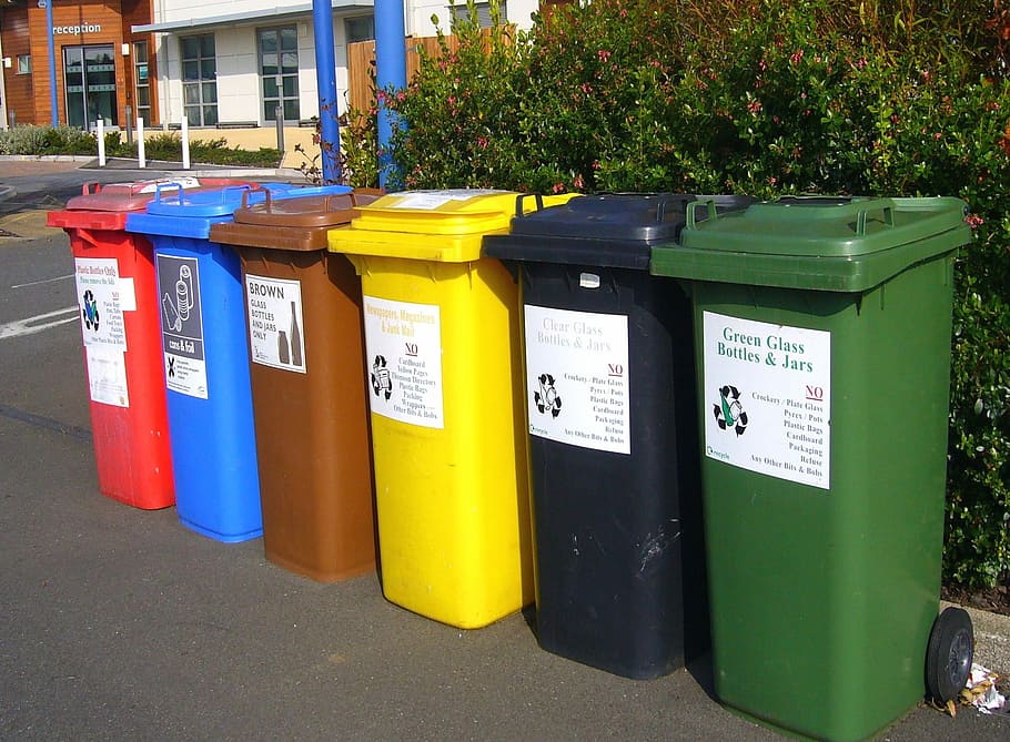 six, assorted, color trash bins, color, trash, bins, recycling bins, recycle, environment, waste