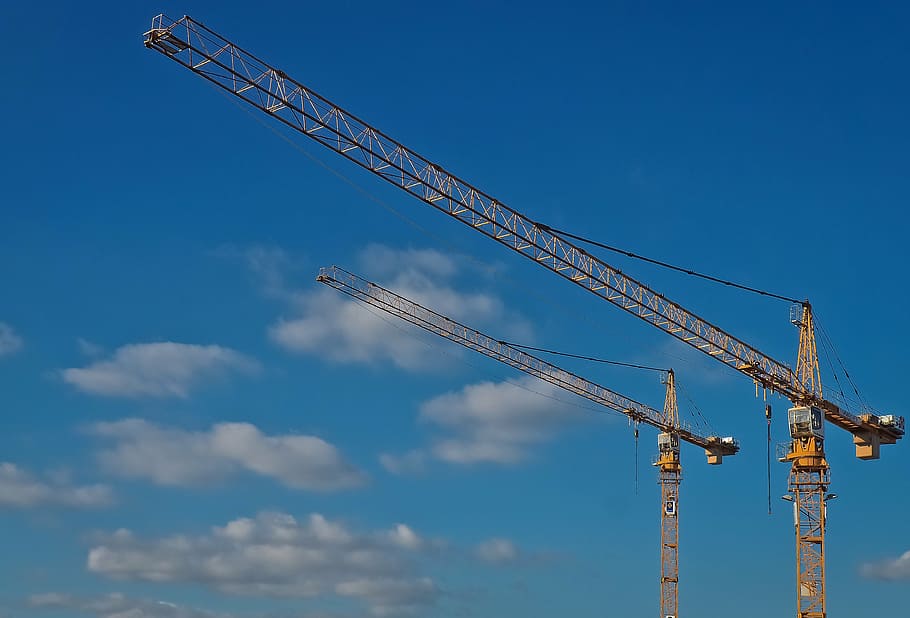 two, crane tower, clear, blue, sky, crane, technology, baukran, site, machine