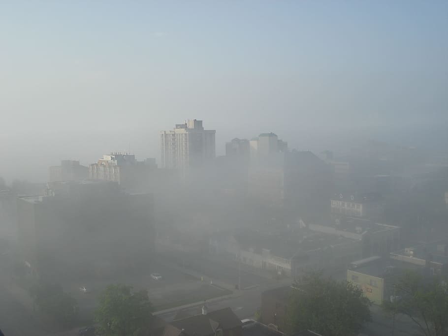 City, Misty, Morning, Mysterious, Fog, misty morning, sunrise, view, outdoors, haze