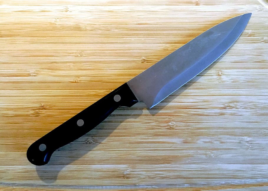 black, handled, knife, brown, wooden, surface, board, kitchen, food, cut