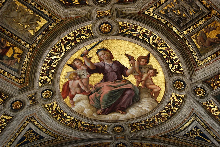 fresco, vatican, ceiling, angels, vatican museums, stanza della segnatura, architecture, religion, art and craft, mural