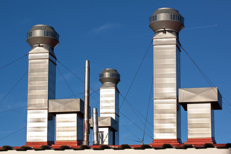 exhaust vents, blue, sky, daytime, vent, fireplaces, metal, ventilation ducts, ventilation pipes, ventilation systems
