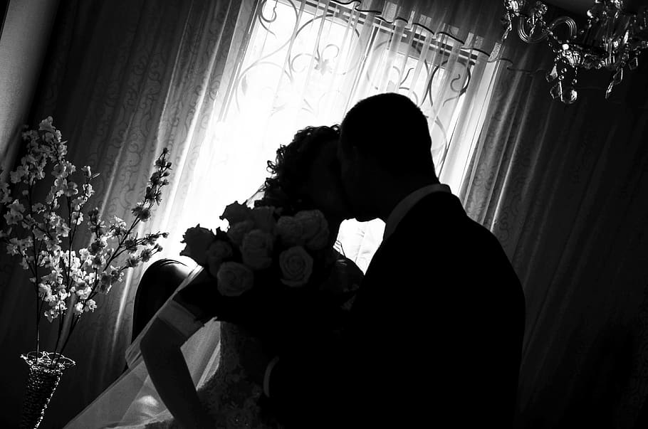wedding, groom, bride, husband, wife, kiss, romance, silhouettes, real people, indoors