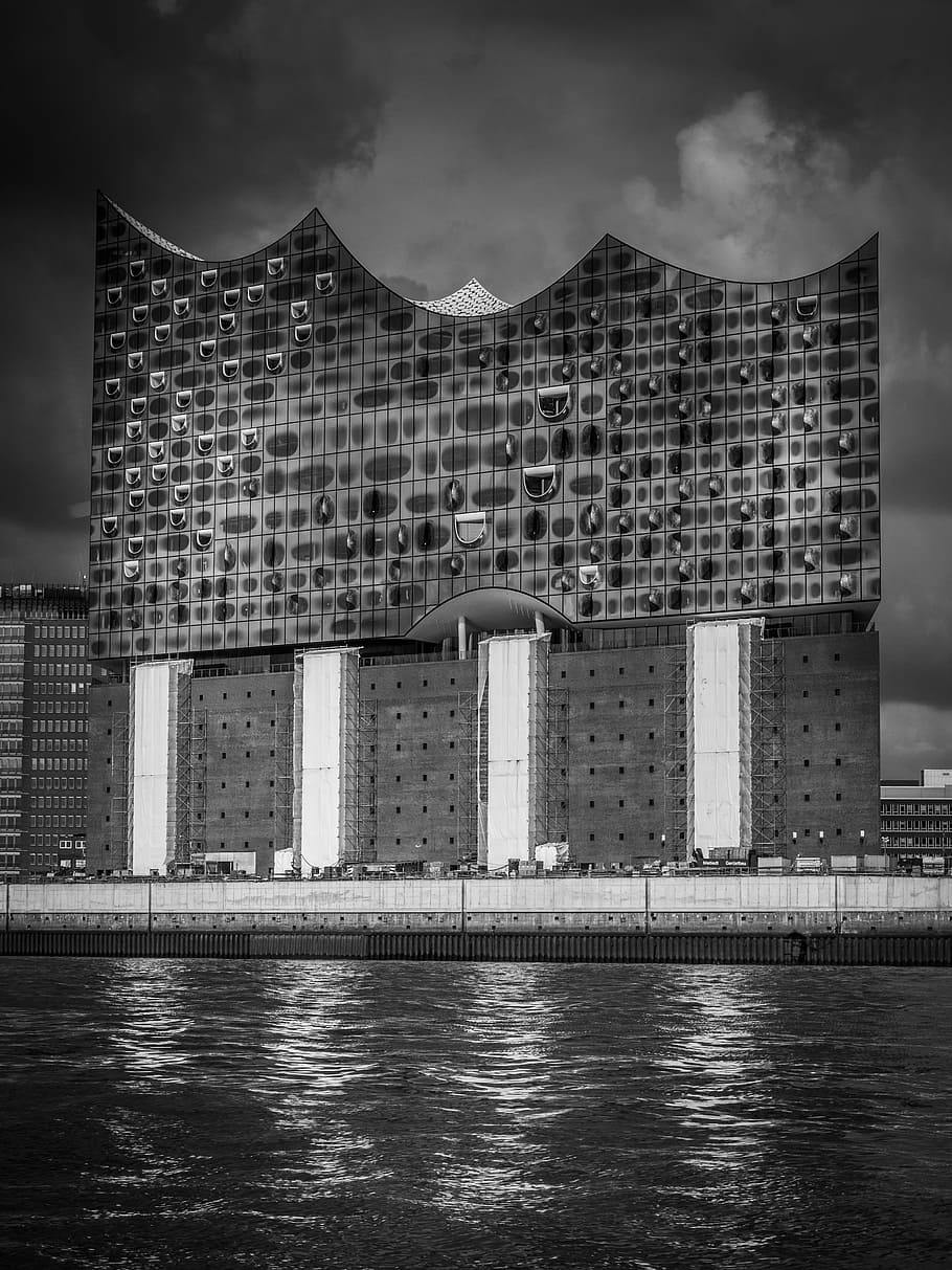 grayscale photography, building, body, water, city, elbe philharmonic hall, big city, philharmonic orchestra, hanseatic city, river
