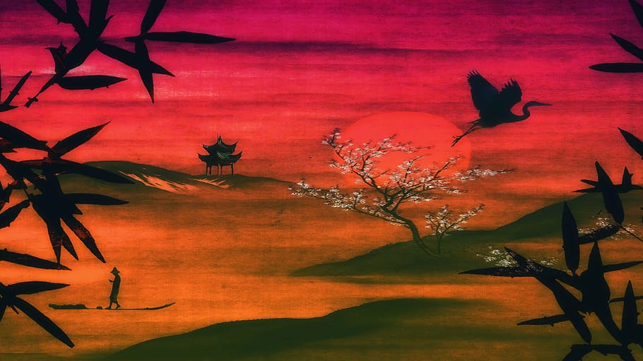 Pintura, pájaro, vuelo, japonés, paisaje, naturaleza, Japón, Asia, cielo, tradicional
