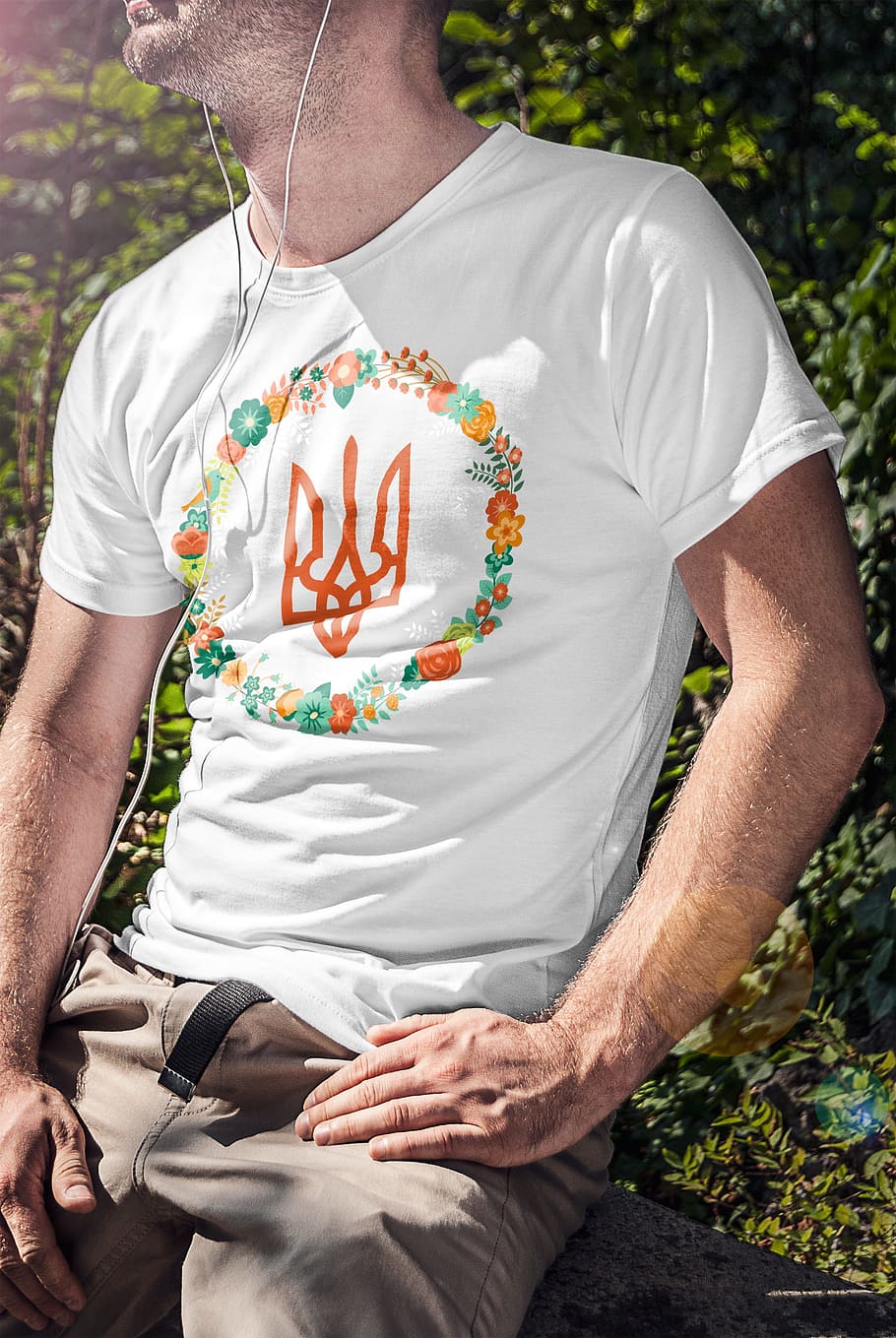man, wearing, white, crew-neck t-shirt, fashion, ukraine, t-shirt, design, one person, front view