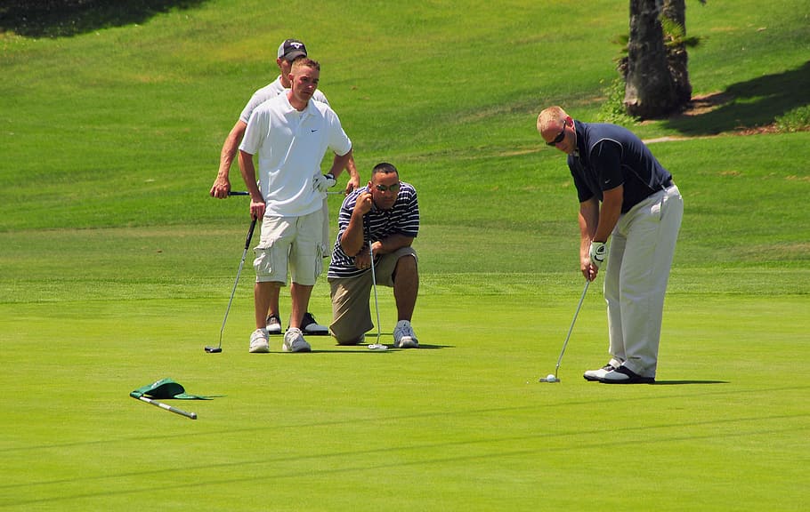 four, man, playing, golf, daytime, Golfing, Putter, golfers, green, putting