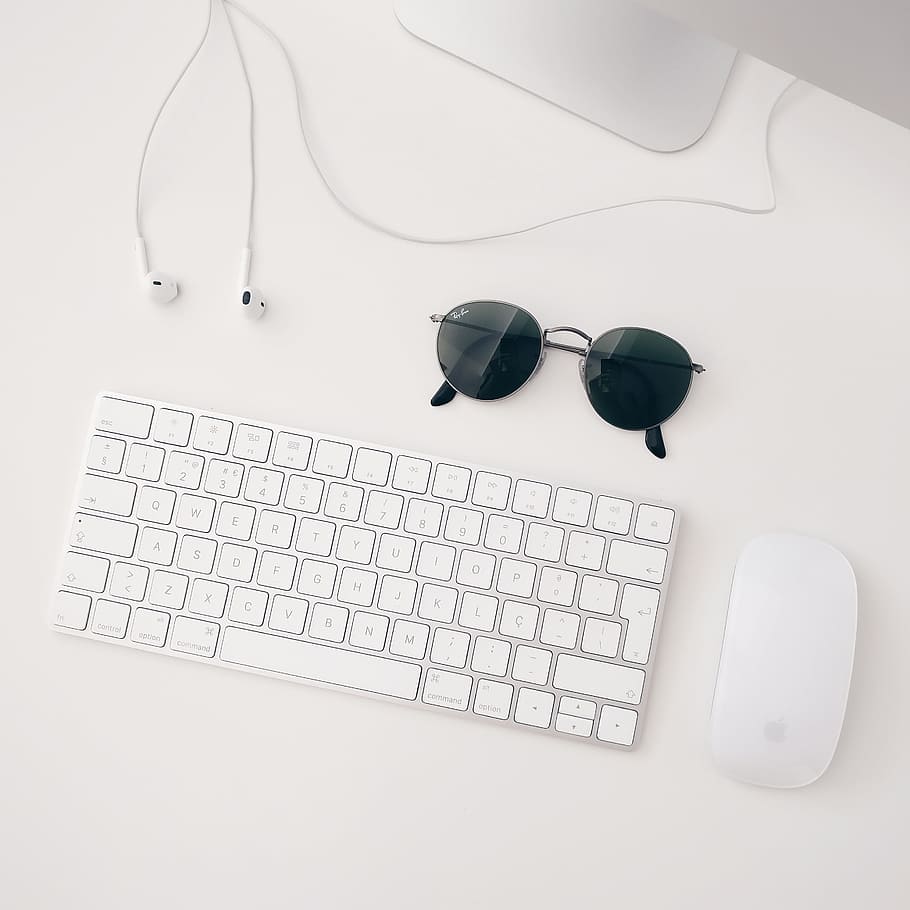 white, apple magic keyboard, mouse, sunglasses, keyboard, earphones, computer, business, office, technology