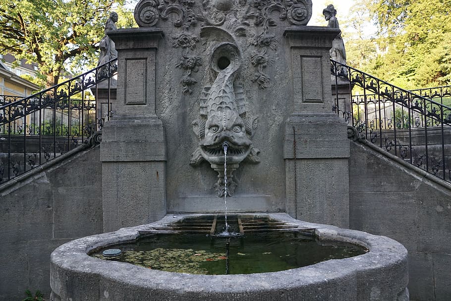 fountain, water, sculpture, zurich, baroque, garden, uni, figure, skuptur, architecture