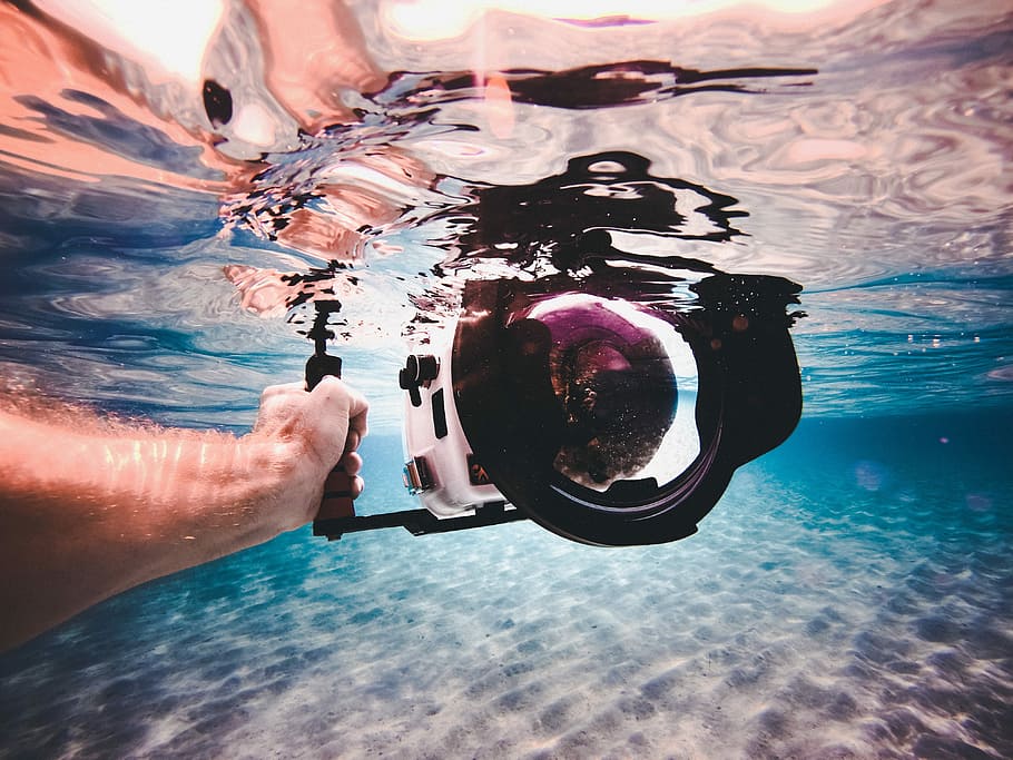 bawah air, fotografi, orang, memegang, putih, kamera, fotografi bawah laut, laut, snorkeling, berenang