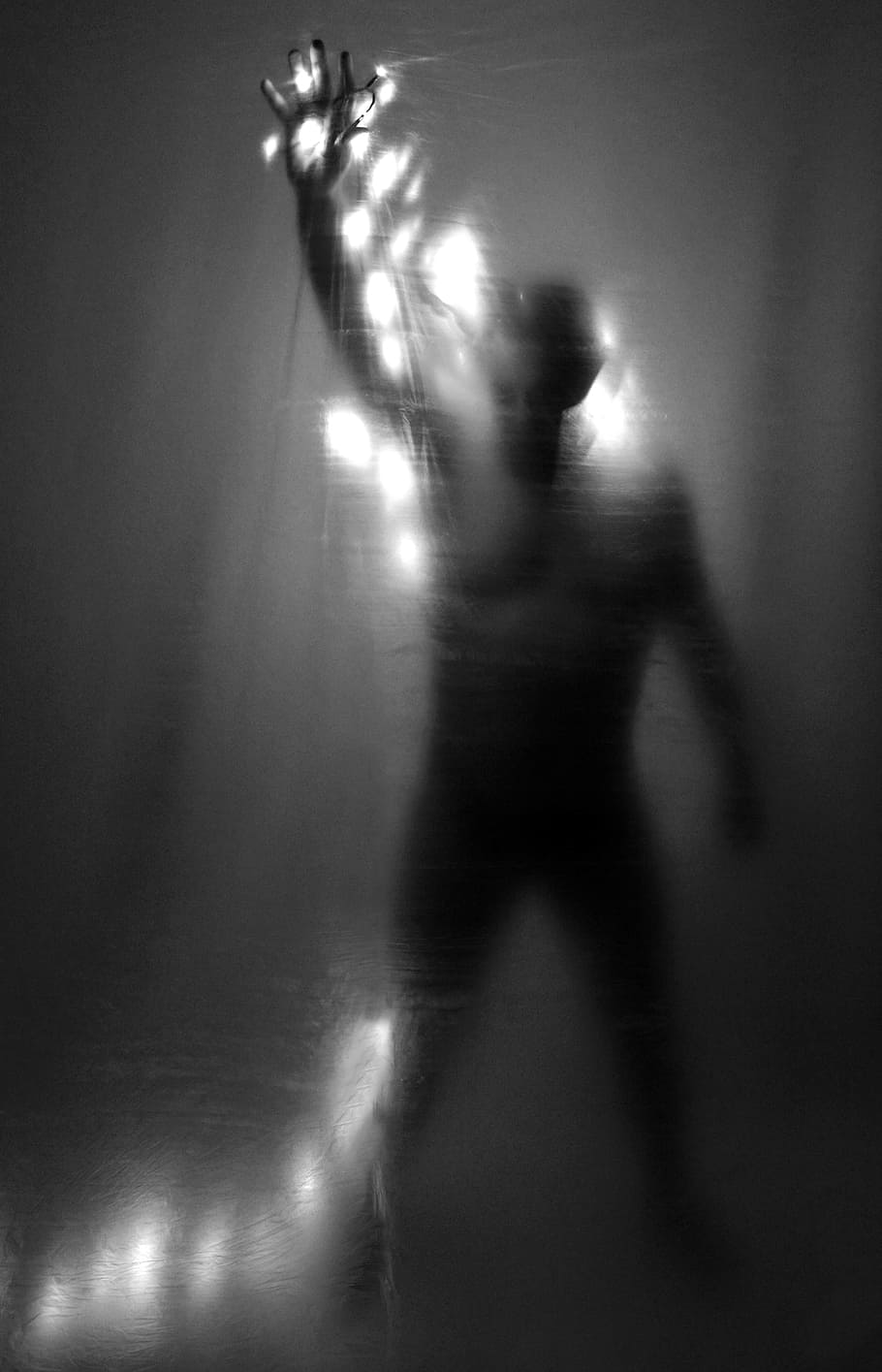 grayscale photo, person, raising, hand, untitled, devil, beelzebub, luzifer, man, lichterkette