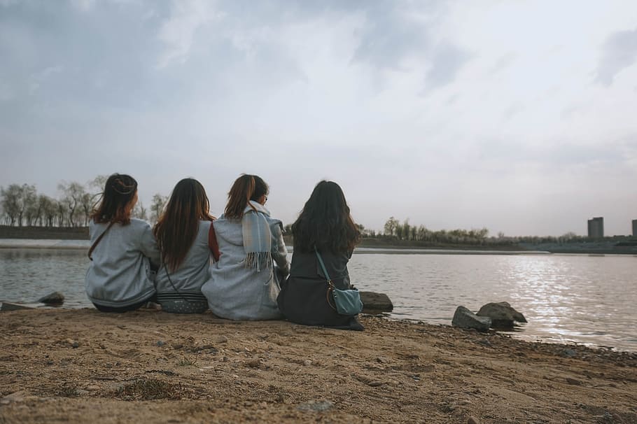 four, women, sitting, brown, sands, body, water, friendly, retro, lake