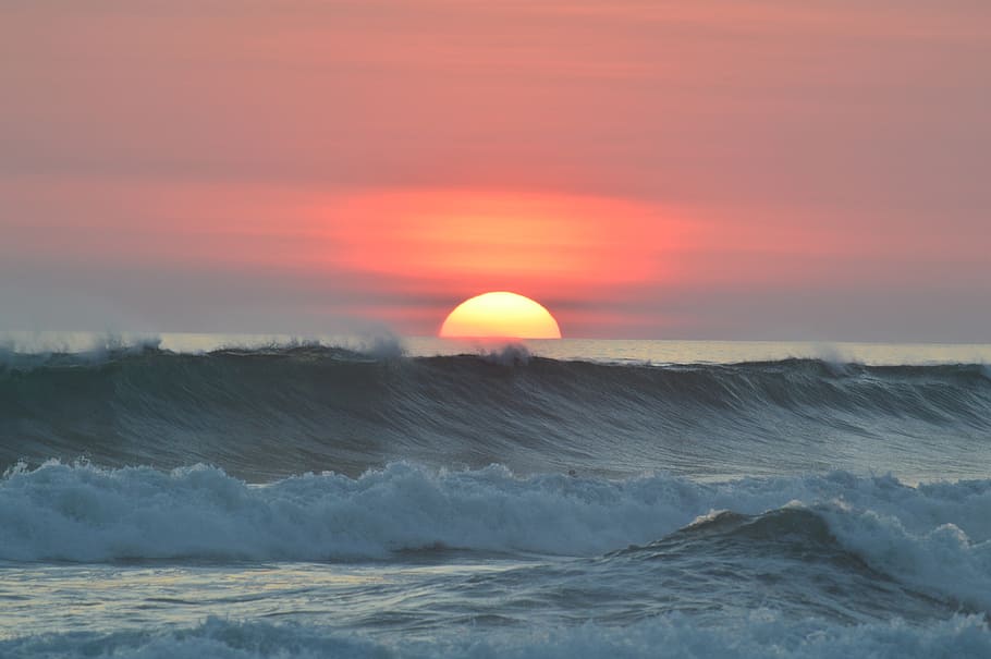 vista de la puesta del sol, puesta del sol, océano, agua, olas, tropical, costa, al aire libre, cielo, costa rica
