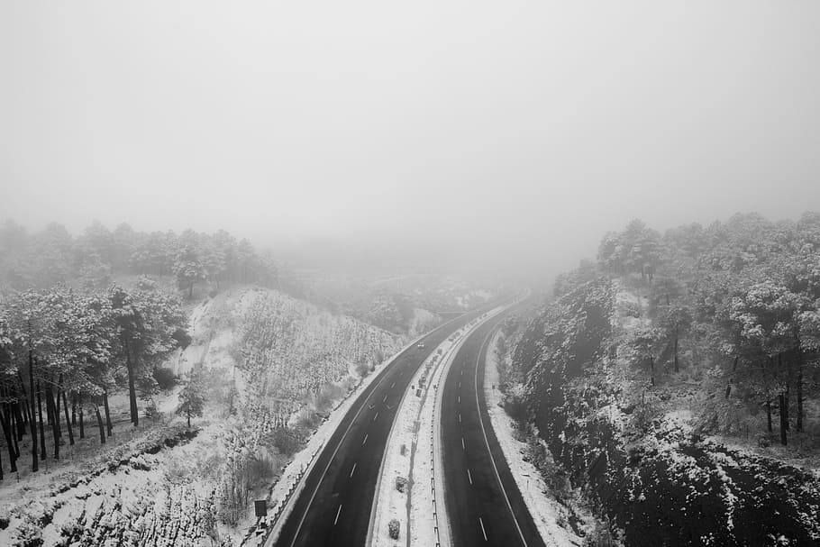 snow, dual carriageway, granada, andalusia, to-92, transport, road, fog, puerto de la mora, asphalt