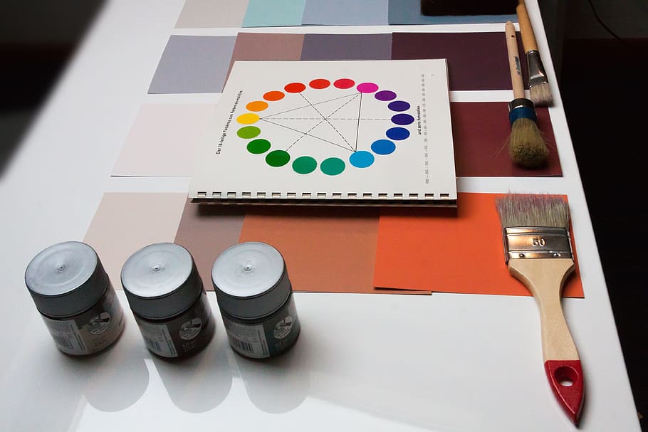 three, paint brushes, bottles, color patterns, trend colors, interior design, interior-design, evaluation, decision, design