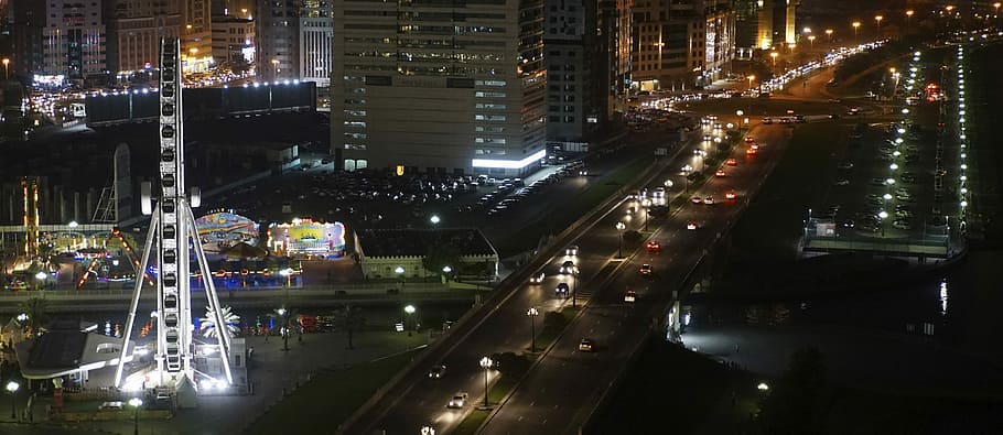 emirates, al qasba canal, night, united, arab emirates, Eye, Al, Qasba, Canal, by night