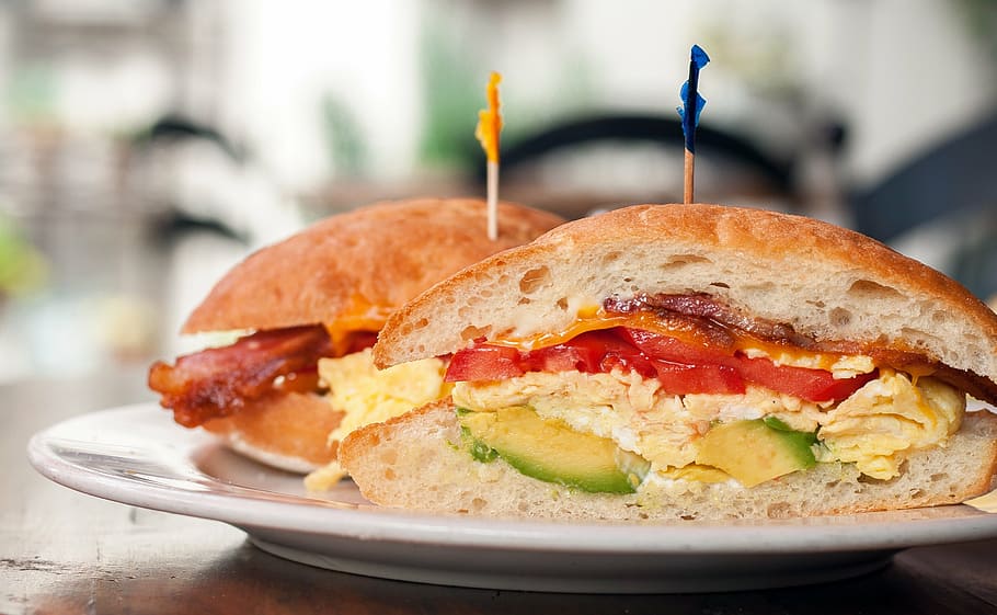 two, avocado, egg, tomato sandwiches, sandwich, food, bread, meal, snack, breakfast