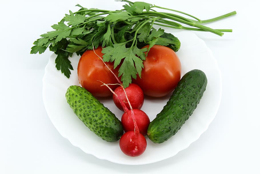 white, background, white plate, red radish, three, green, small cucumbers, two, fresh, parsley