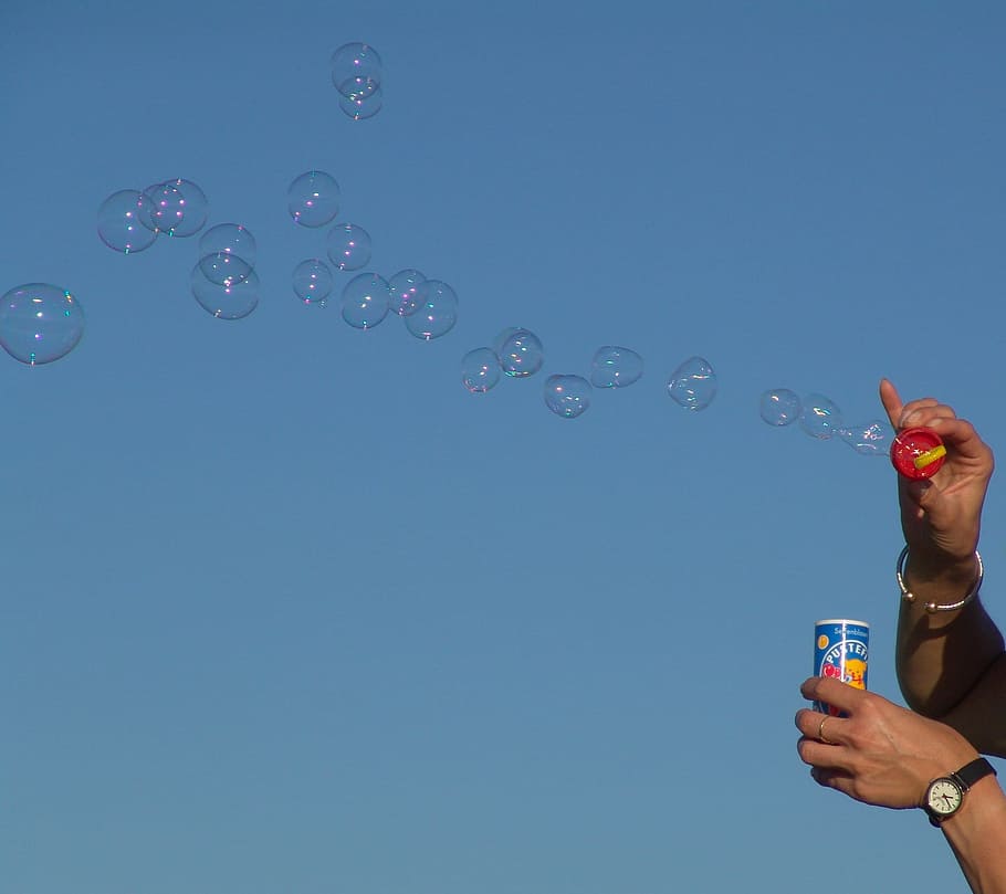 Soap Bubbles, Sky, Blue, sky, blue, bubble, bubble Wand, blowing, people, outdoors, nature