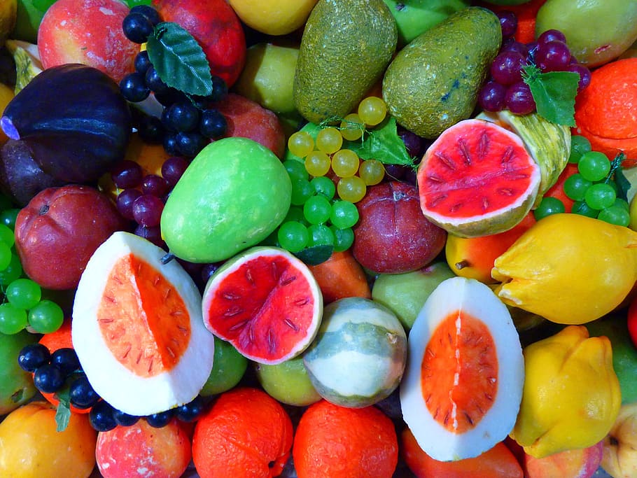 assorted-color of fruits, soap, colorful, color, fruit, knallbunt, melon, peach, grapes, oranges