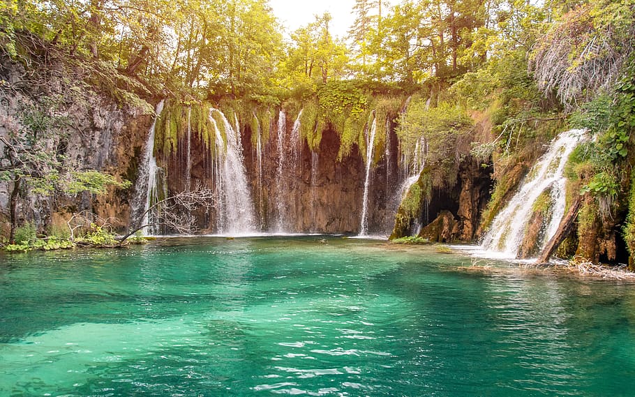 lake, waterfall, croatia, plitvice, summer, nature, landscape, park, forest, green