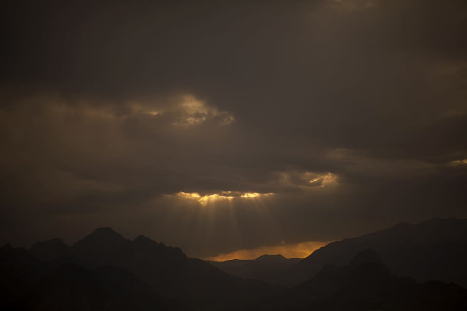 silhouette photography, mountains, clouds, landscape, mountain, cloud, sky, nature, light, high