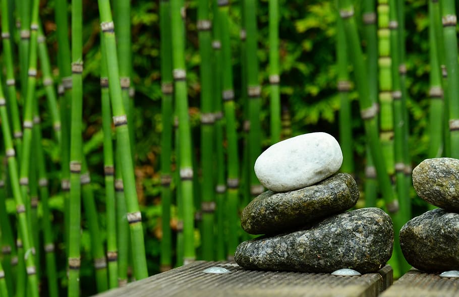 gray, white, stones, piled, bamboo, decoration, garden, water, garden pond, balance