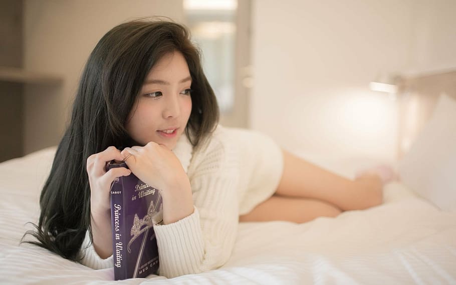 woman, wearing, white, sweater, lying, bed, girls, book, new jersey, black hair