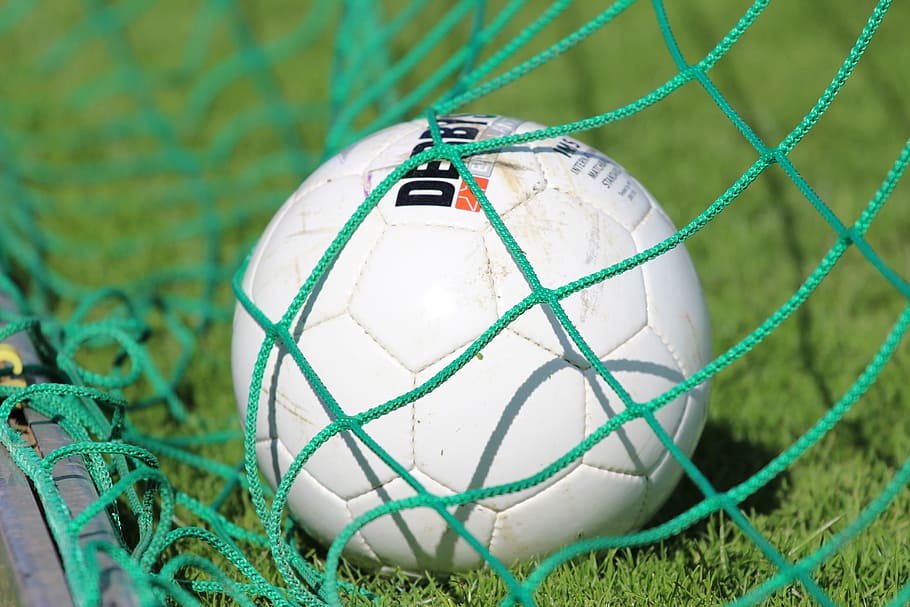 ball, network, football, sport, white, grass, close-up, green color, sports equipment, focus on foreground