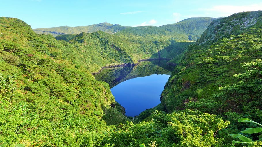 azores, nature, lake, landscape, water, green, island, portugal, vegetation, crater