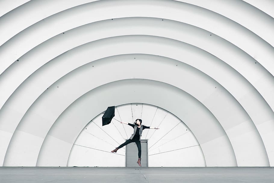 person, holding, black, umbrella, life, beauty, scene, artistic, dance, jump
